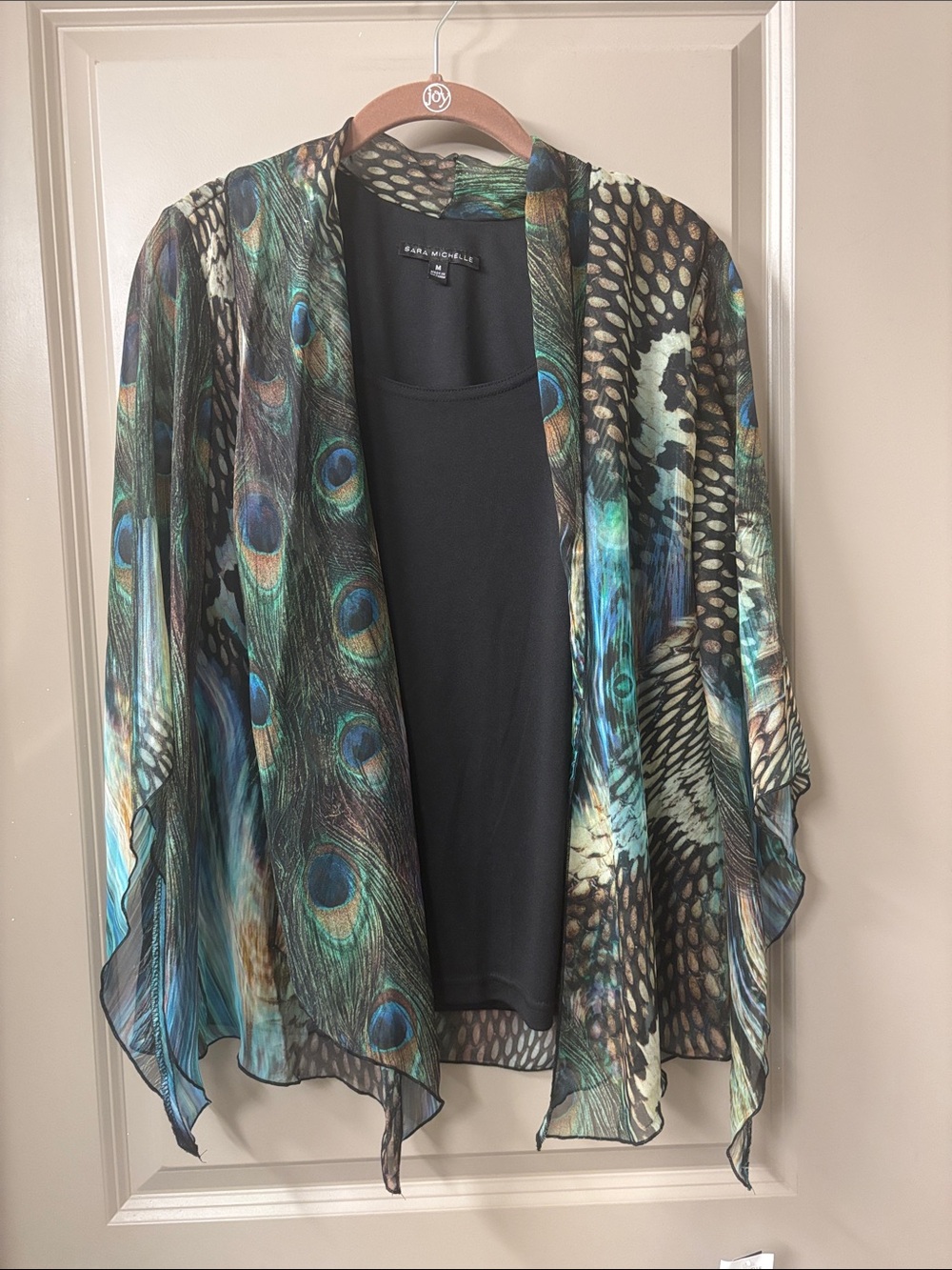 Sara Michelle Black Sheer Overlay with Iridescent Peacock Detail